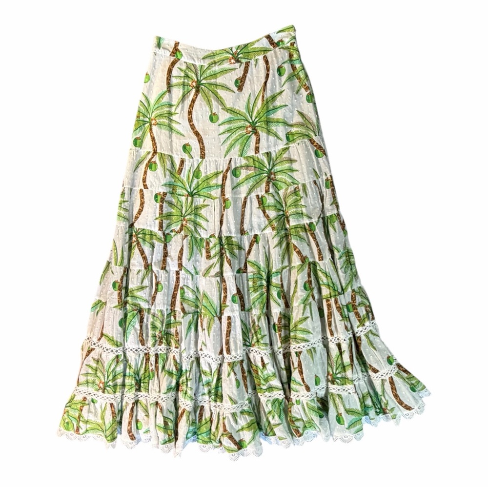 FARM Rio Tropical Palm Tree Print Tiered Maxi Skirt S Boho Summer Flowy Cotton - Picture 2 of 10